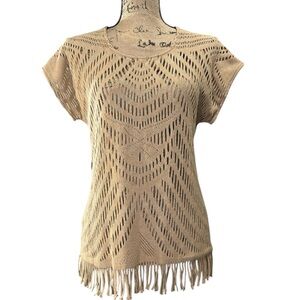 Chico’s EC Tan cutout fringe pullover top.with gold threading throughout Chico 2